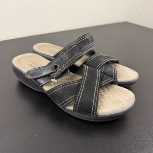 Clarks Sandals Women's 7W Black Leather Casual Open Toe Travel Summer Comfort